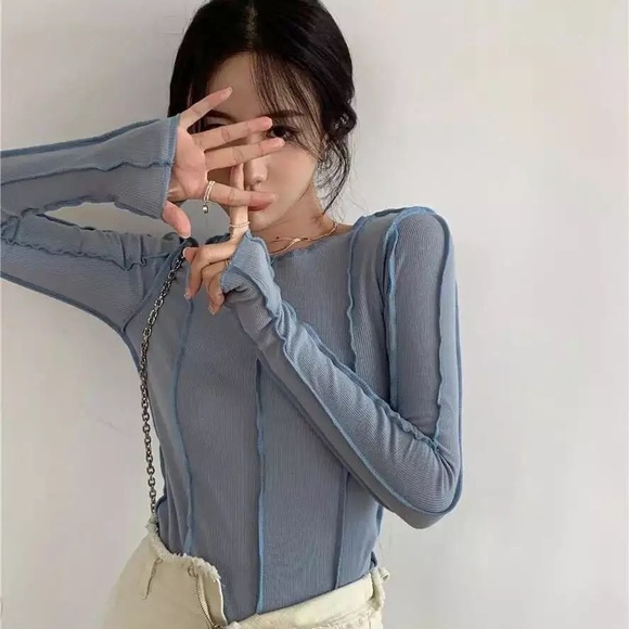 Shirt pastel blue ribbed line blouse womens top - Picture 2 of 7